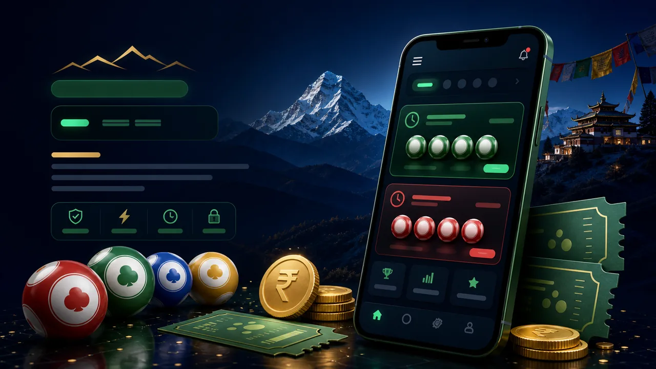 Sikkim Lottery India result dashboard with mobile phone, lottery balls and rupee coins